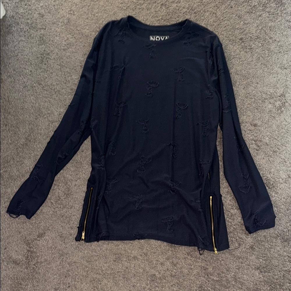 Dark Blue Long Sleeve Top with Gold Zippers